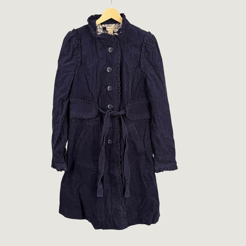 Elevenses Size 8 Navy Corduroy Long Jacket Coat Ruffle Trim Belted Trench
